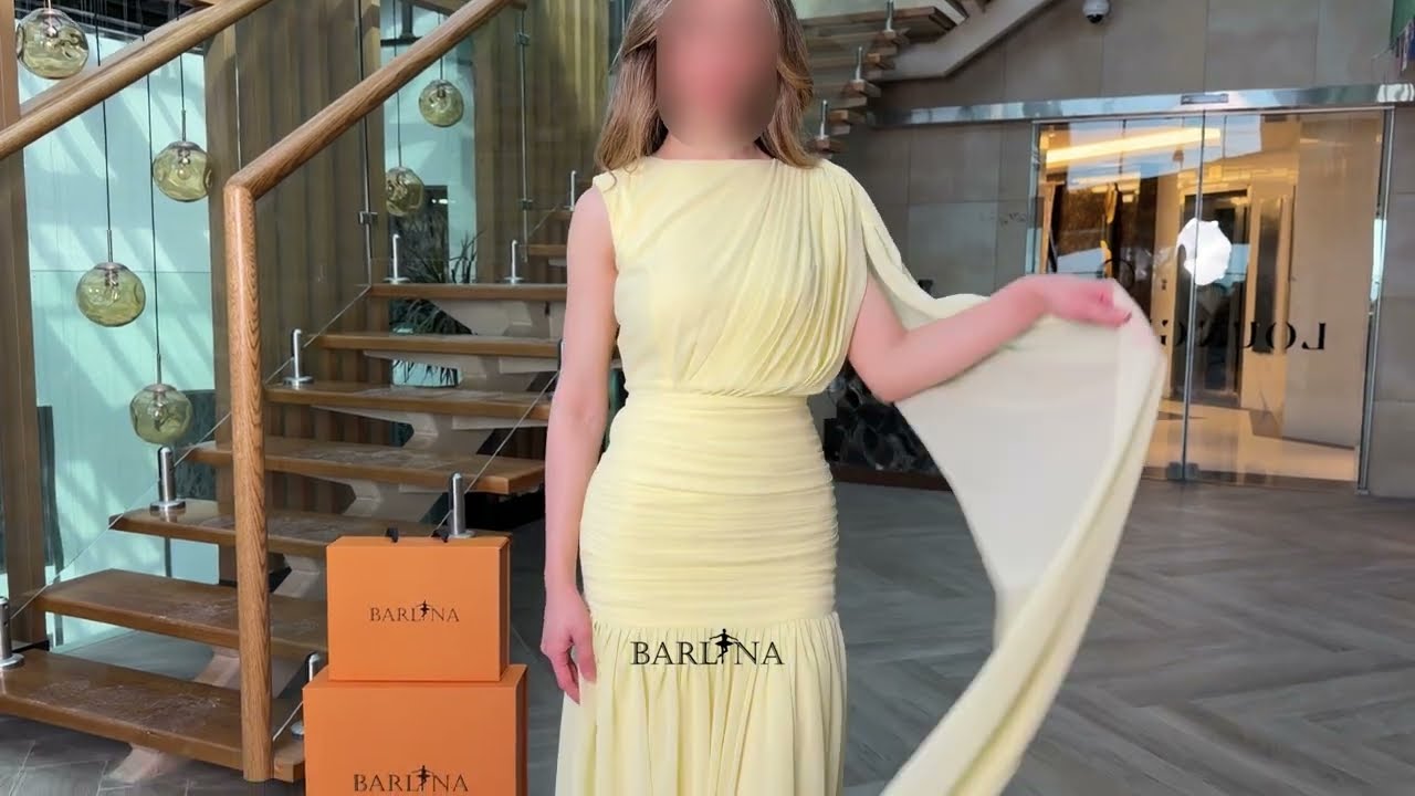 فستان أصفر فاتح أنيق بكسرات ناعمة - XXL