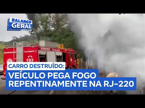 Carro é tomado por chamas e fica completamente destruído na RJ-220, em Porciúncula