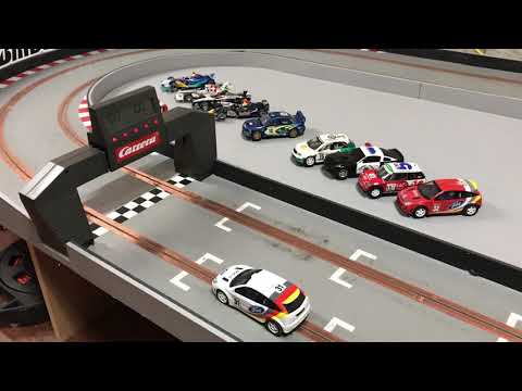 DIY Slot Car Track, homemade M.D.F. routed.  Carrera start line with the Scalextric Ford Focus