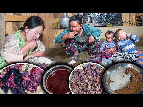 A dish made with Buff & Blood Curry | Buff recipe with rice cooking & eating Village Style #mukbang