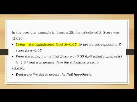LESSON 26  TESTING  HYPOTHESIS  USING Z SCORE STATISTICS