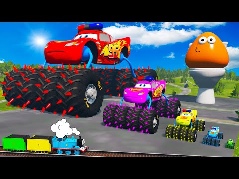 Big & Small McQueen Police with Spiked Monster Wheels vs Train - Long Stairs vs Slide Color - BeamNG