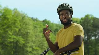  Mother and son eating bars in the middle of the lake