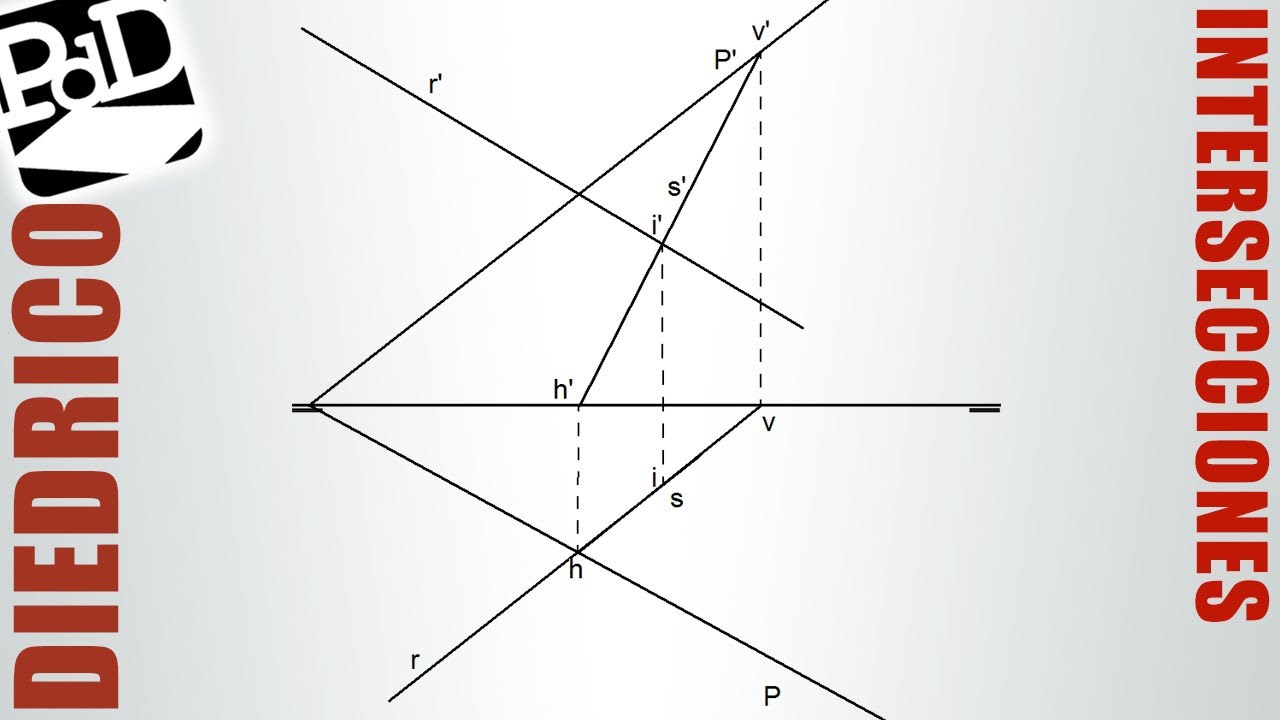Intersección entre recta y plano, mediante recta afín contenida en plano (Diédrico).