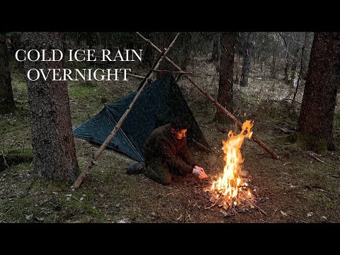 2 DAYS Cold Ice Rain Overnight - Tarp Survival Shelter | Solo Camping -  Bushcraft ASMR