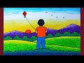 How to draw a boy flying kite with scenery | Kite flying scenery drawing easy step by step