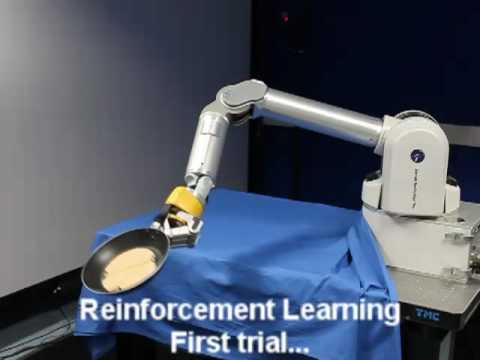 Robot learning to flip pancakes by reinforcement learning. The motion is encoded in a mixture of basis force fields through an extension of Dynamic Movement Primitives (DMP).