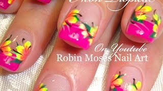 Neon PInk Tropical Nails | Hot Neon Yellow Flowers Nail Art Design