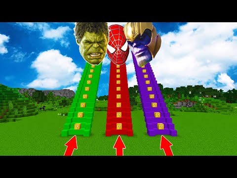 NO SUBAS LA ESCALERA EQUIVOCADA DE LUCKY BLOCKS EN MINECRAFT!! HULK SPIDERMAN THANOS