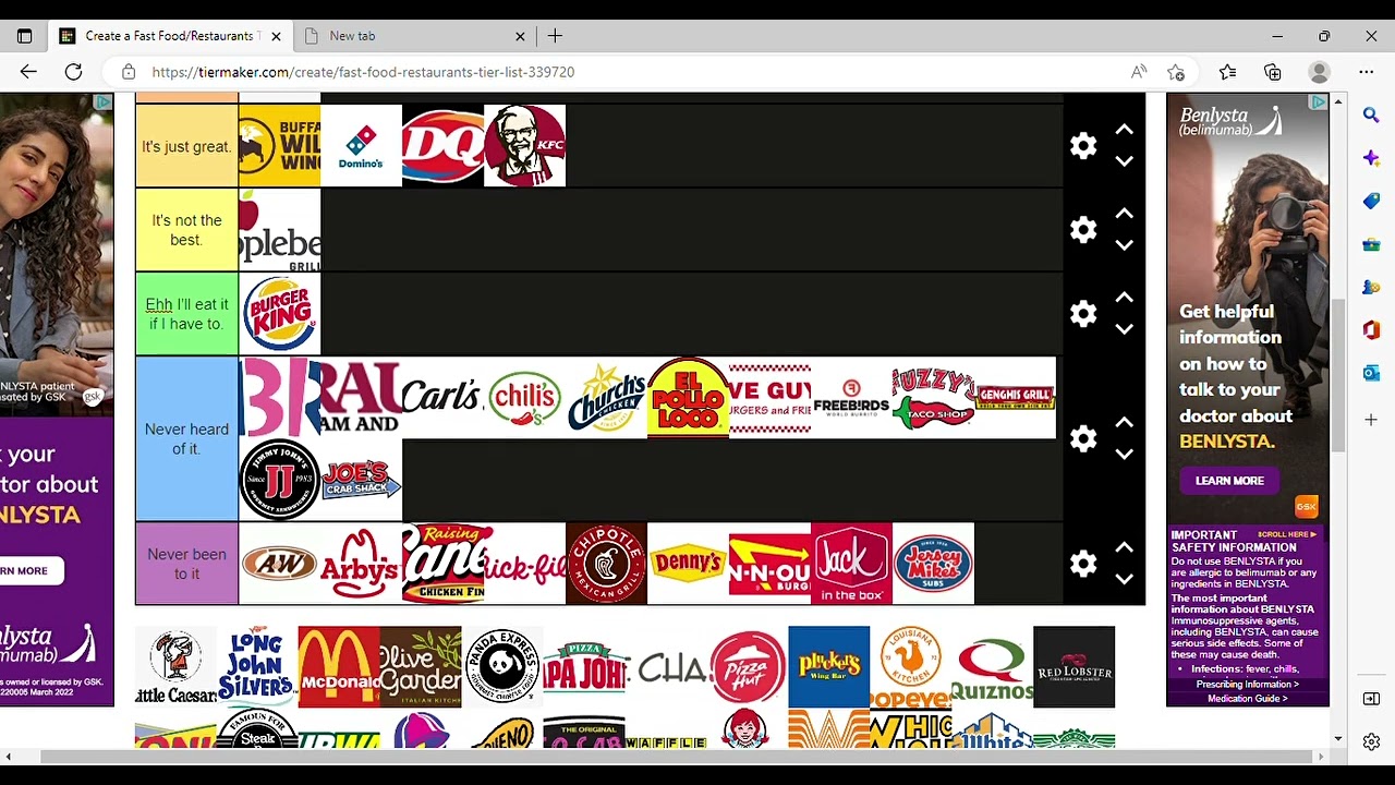 Creating a Fast Food tier list on TierMaker (My opinon)