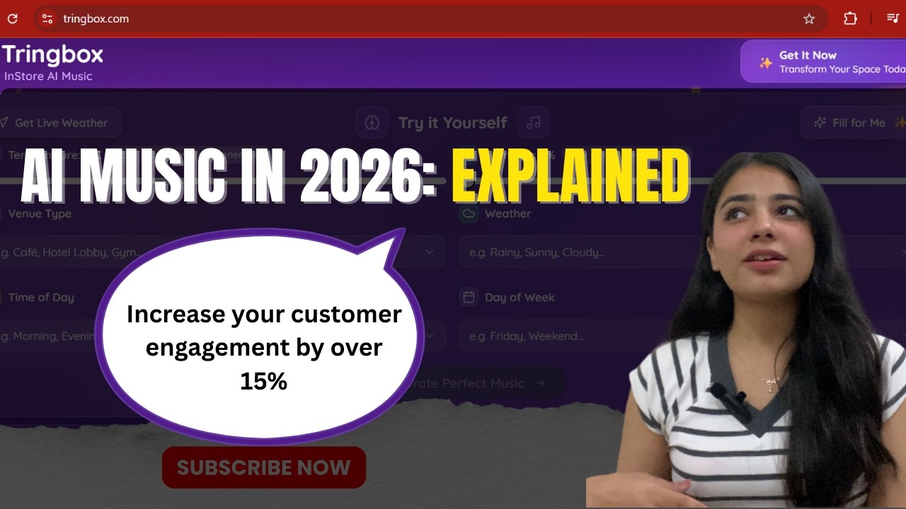 A professional demonstration of the Tringbox AI music engine interface, showing real-time atmospheric adjustments for a premium café environment.