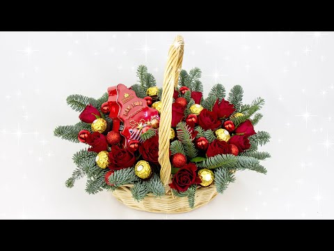 Зимний букет из роз в корзине. Подарок на Новый Год 2022 своими руками