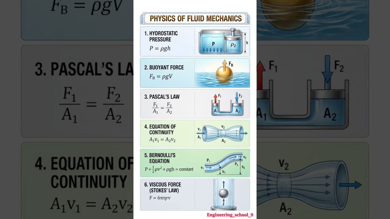 Physics of Fluid Mechanics Explained | Hydrostatic Pressure, Buoyancy, Pascal’s Law, Bernoulli law⚙️