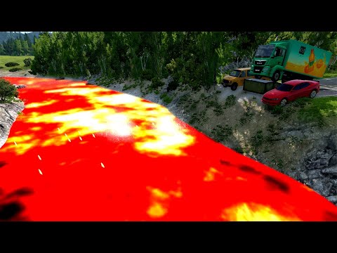 Cars vs Lava River from Volcano - BeamNG.Drive | Cars vs Lava Crosses Road | BeamNG Havoc