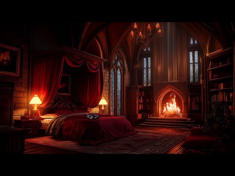 Heavy Thunderstorm in a Cozy Castle Room Haven with Rain and Fireplace Sounds To Sleep with a Cat