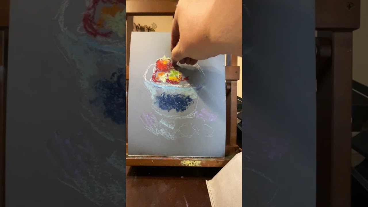 Painting a bowl of strawberries with oil pastels 