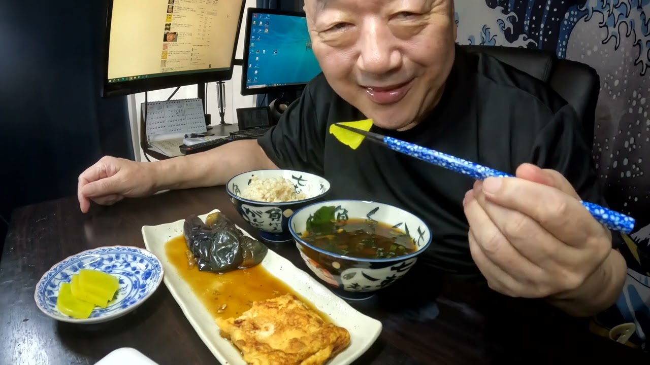 #85朝食、卵焼き、茄子揚げびたし