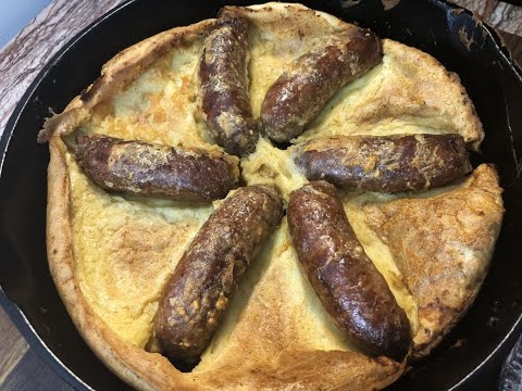 Toad in the Hole with Onion Gravy (cooked in a cast iron skillet)