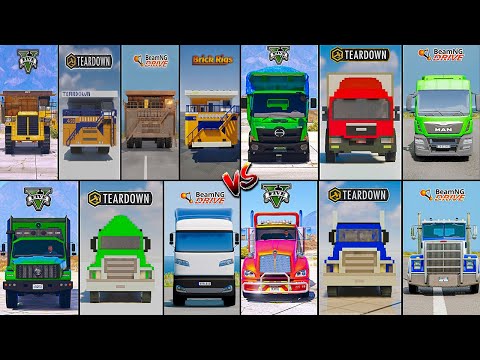 GIANT DUMP TRUCK VS MAN VS HINO VS KENSWORTH TRUCK IN GTA 5 VS TEARDOWN VS BEAMNG-WHICH IS BEST ?