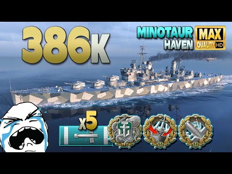 Cruiser Minotaur: 386k on map Haven - World of Warships