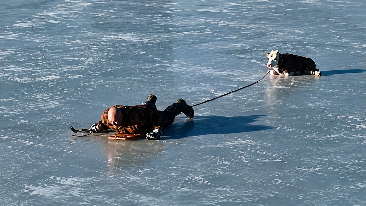 Man Rescues Trapped Calf on a Frozen Pond || ViralHog