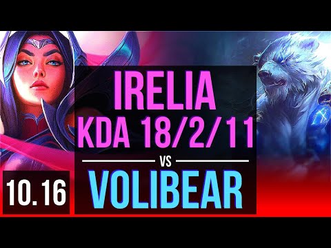 IRELIA vs VOLIBEAR (TOP) | KDA 18/2/11, 2 early solo kills, Legendary | KR Master | v10.16