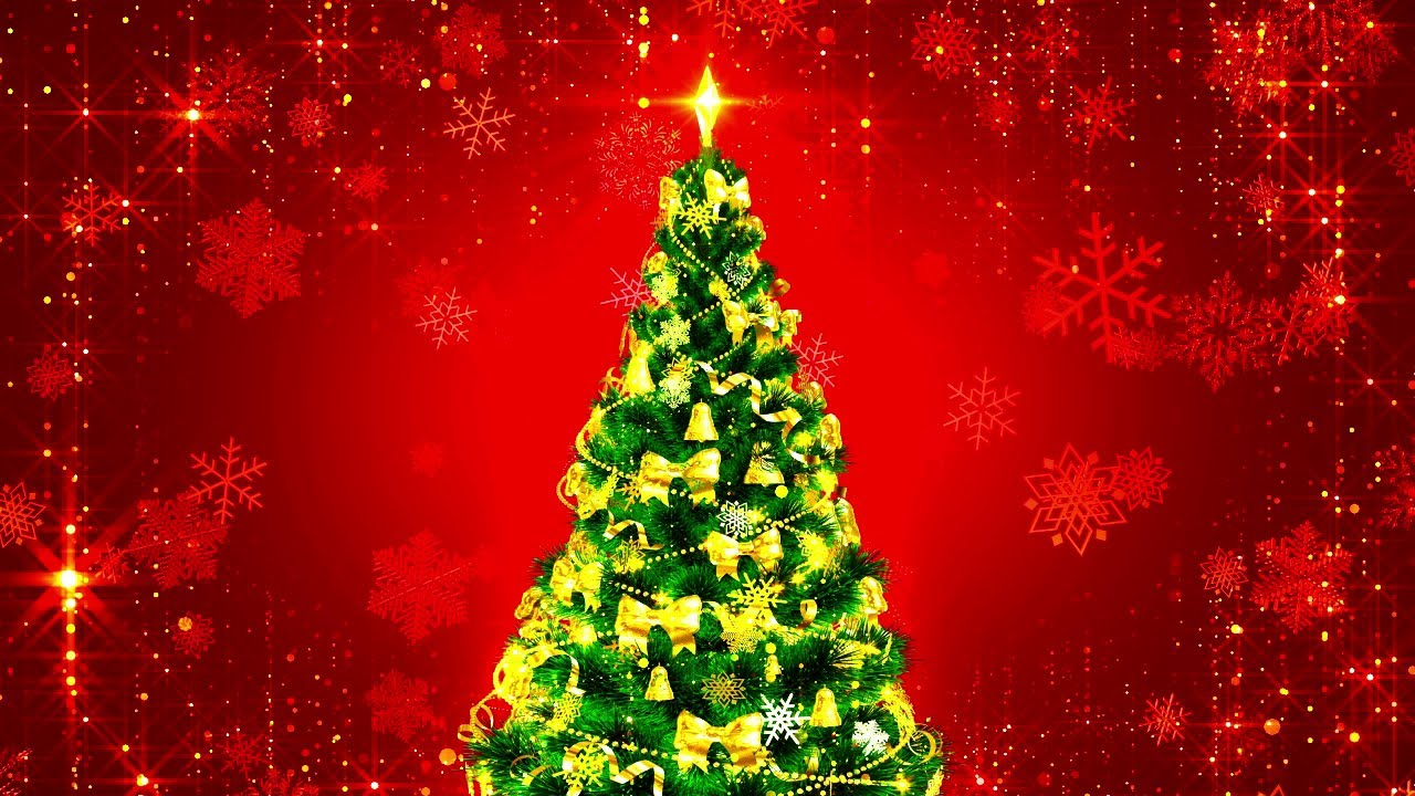 Christmas Red Background with Tree – 10 Hours 4K | Festive Gold Decorations Loop