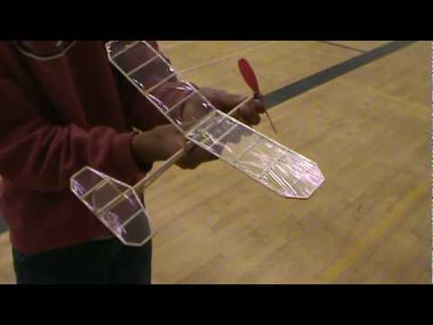 Indoor flight of rubber band powered airplane