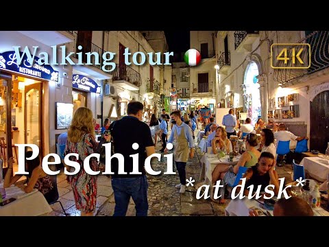 Peschici at dusk (Puglia), Italy【Walking Tour】With Captions - 4K