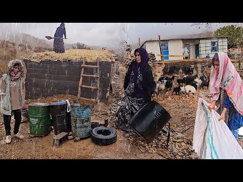 The Fariba's family in the midst of the rainstorm