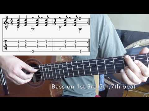 Guitar lesson with tabs: 3 Bossa Nova grooves in 7/4