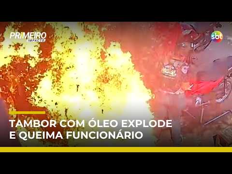 Tambor com óleo explode dentro de oficina e trabalhador sofre queimaduras graves | #PrimeiroImpacto