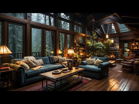 Soothing Jazz Music for Rainy Days ☔️ Forest Retreat with Gentle Rain & Fireplace Sounds