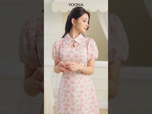 NH10A028- Đầm tơ vân kẻ caro hoa cam