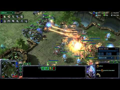 SC2 HotS mid-game Thors and Ravens vs Protoss deathball in production