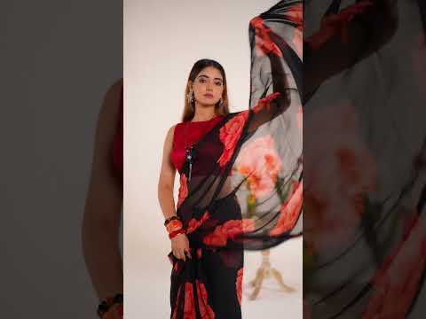 Black Elegant Chiffon Saree with Floral Print & Lace Border – Unstitched Banglory Blouse