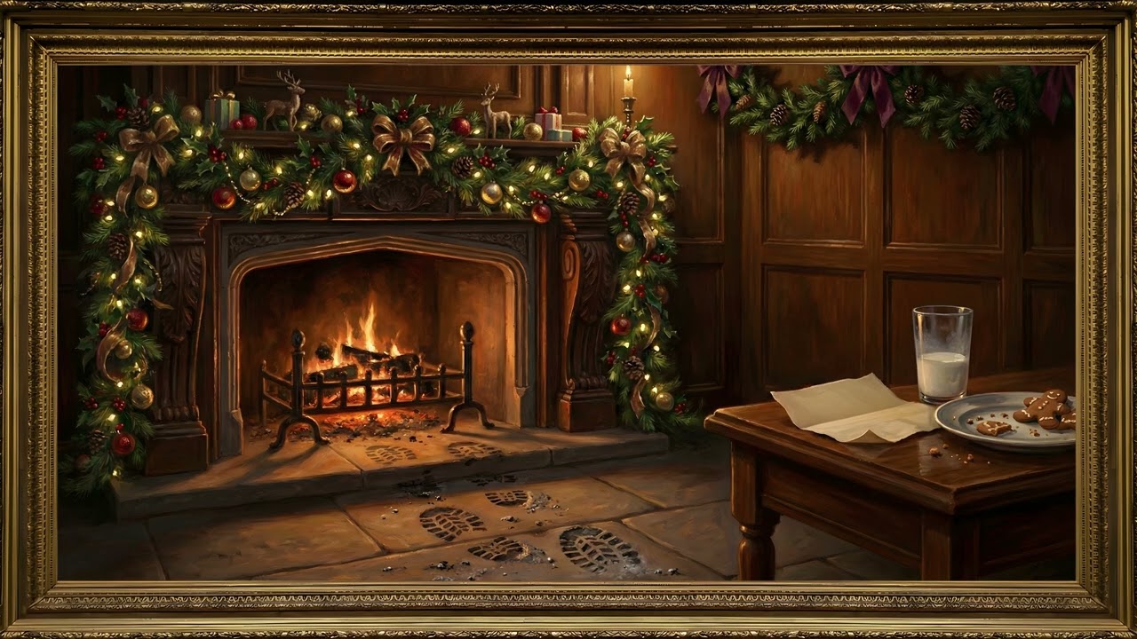 Santa's Footprints Christmas Eve Fireplace Gold Frame TV Art | 2 Hours 4K — 4K ambient art screensaver in baroque gold frame
