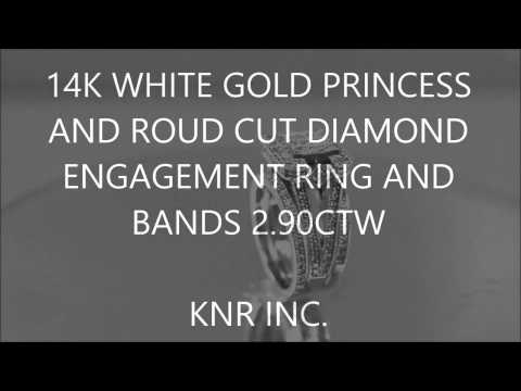 14K WHITE GOLD PRINCESS AND ROUD CUT DIAMOND ENGAGEMENT RING AND BANDS 2.90CTW - KNR INC - 683
