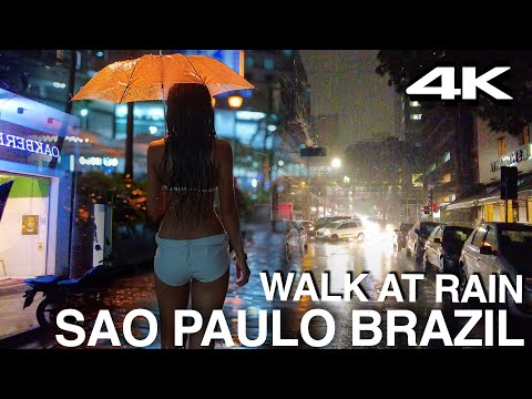 Sao Paulo. Night Rain. 4K Walk. Brazil