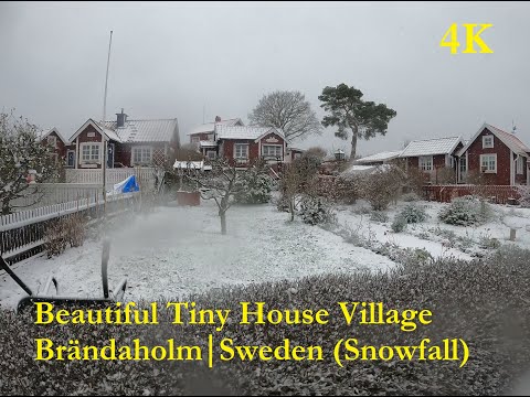 Cozy Tiny House Village in Sweden, Walk & Drive in Snowfall, 4K - Brändaholm