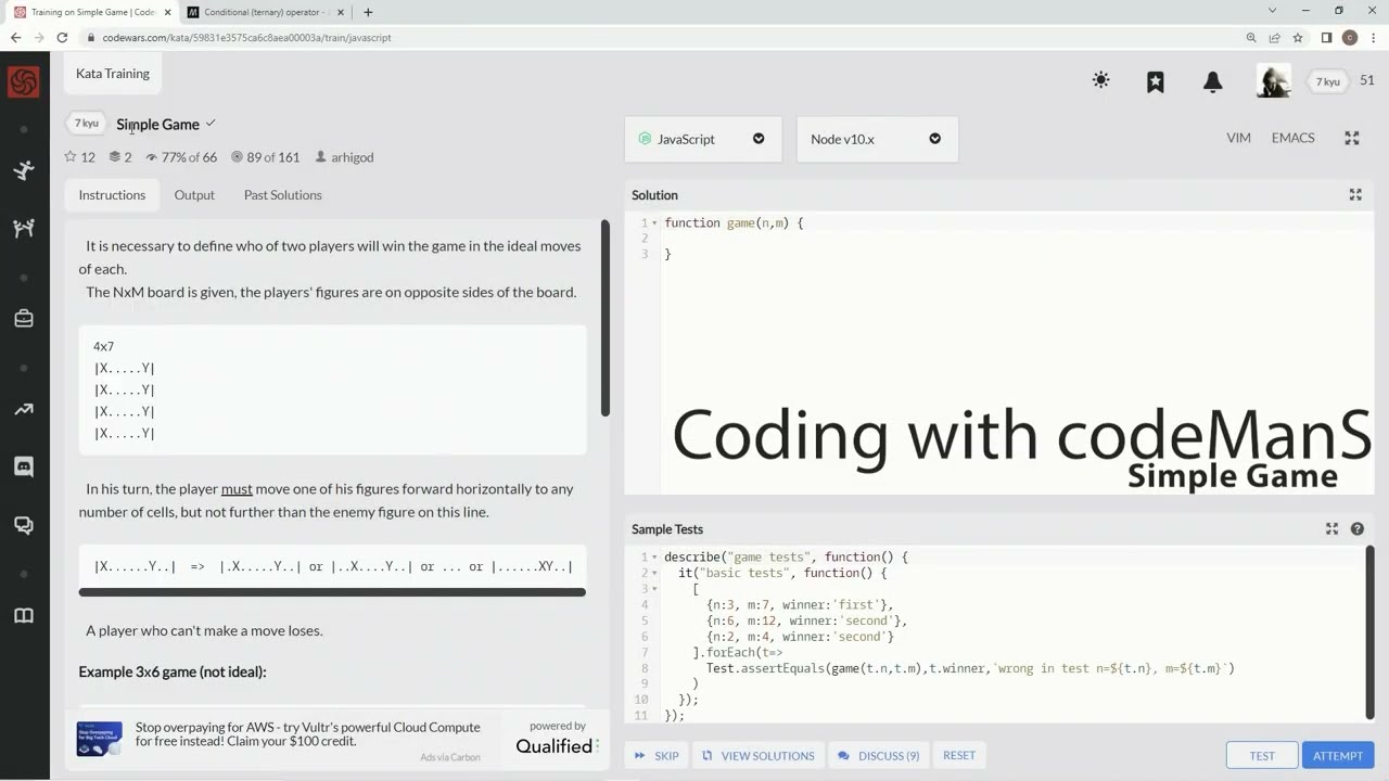 Codewars 7 kyu Simple Game JavaScript