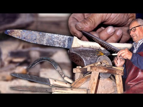 Knife made from an old country sickle and wood. Traditional forging in a forge