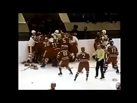 The fight between Soviet and Canadian youth in the hockey tour March 1974