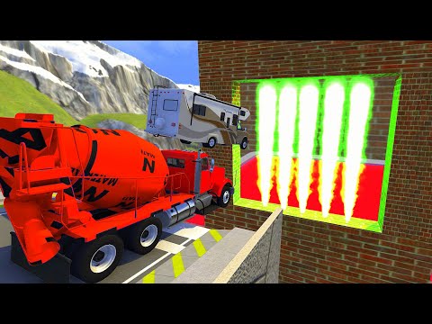 Crazy Vehicle High Speed Jumping Through Green Fire Wall In Red Slime Pool - BeamNG drive Jumps