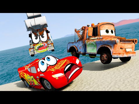 Angry LandShip Car vs Lightning McQueen and Mater Pixar Cars - BeamNG.Drive