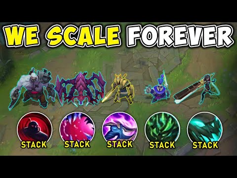 WE PLAYED 5 INFINITELY STACKING CHAMPIONS AND SCALED TO THE MOON! (LATE GAME = GG)