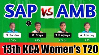 SAP vs AMB Dream11, SAP vs AMB Dream11 Team, Team Sapphire vs Team Amber 13TH KCA Women's T20