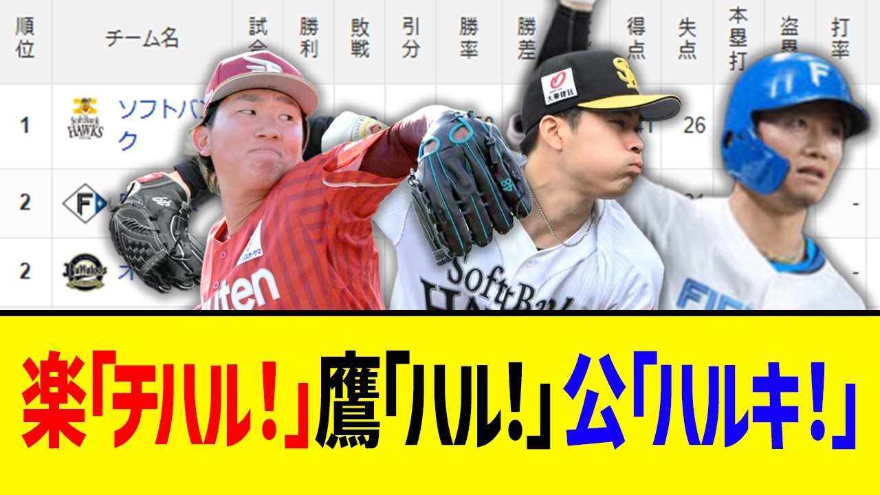 【4月4日】最新パリーグ順位表 ～楽「チハル！」鷹「ハル！」公「ハルキ！」～