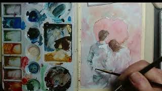 Create Handmade Valentine Cards watercolor - Couple in Love with Heart Background