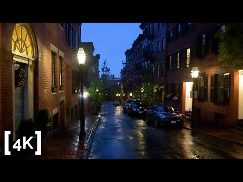 Heavy Rain in Beacon Hill - 4K Boston, MA - Binaural ASMR Walk at Night